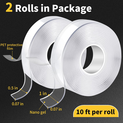 KUSUFEFI Heavy Duty Double Sided Adhesive Tape, 2 Rolls Total 20FT, Clear Removable Poster Tape for Home and Office