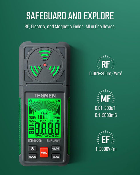 TESMEN EMF Meter, Hound-200 EMF Detector: 3-in-1 Portable Electromagnetic Field Radiation Detector for EF, RF, MF, WiFi