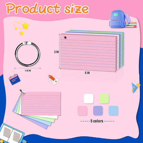 Gehanfai 250 Count 3 5 Inch, Colored Index Cards x Lined Flash Cards with Key Ring, Ruled Note Cards for Office Use