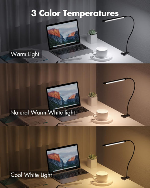 JHD LED Desk Lamp with Clamp - Adjustable 3 Modes, 10 Brightness Levels, USB Eye Caring Flexible Gooseneck Desk Light, Perfect for Home Office, Dorm Room, Bed Headboard,Nail, Clip On Light, Black by JHD