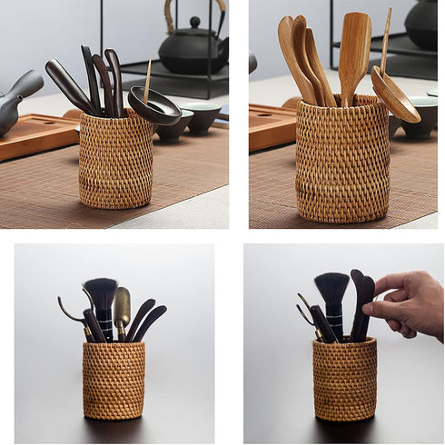 Okllen 2 Pack Handmade Rattan Pencil Holder - Woven Vine Desk Organizer for Makeup Brushes, Office & Home Desktop,
