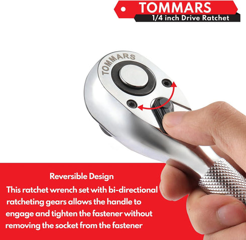 TOMMARS 1/4-Inch Drive Stubby Ratchet Mini Ratchet with Quick-Release Head, 72-Tooth