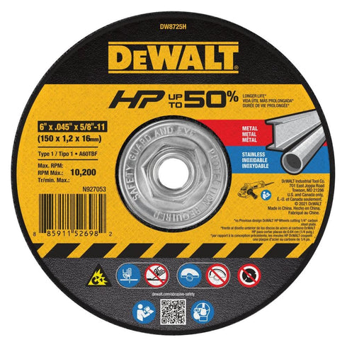 DEWALT DW8725H 6" x .045" x 5/8"-11 Hp Aluminum Oxide Cutoff Wheel