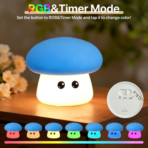 3 Dimmable Cute Blue Mushroom Night Light for Kids Rechargeable, Battery Operated Nightlight Level with RGB&Timer