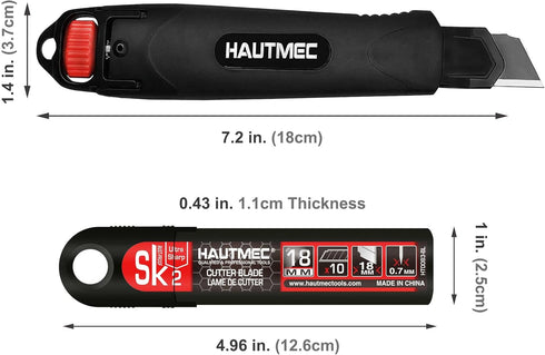 HAUTMEC 18mm Extra Heavy Duty Utility Knife with Double Lock Mechanism and 10pc Blade Set, Double Safety, SK2 Sharp Black Blade for Industrial or Construction Applications HT0153-KN by HAUTMEC