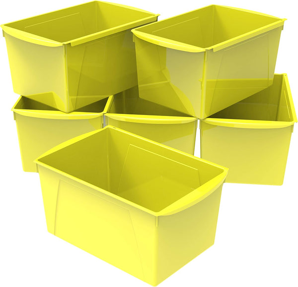 Storex Extra-Large Book Bin, Interlocking Plastic Organizer for Home, Office, Classroom, Yellow, 6-Pack (71132U06C)