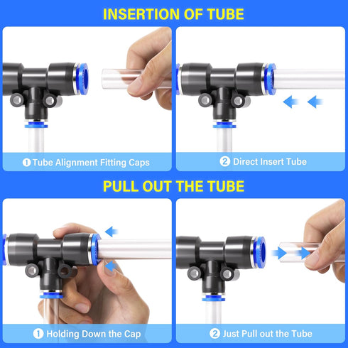 TAILONZ PNEUMATIC Blue Tee Plastic Push to Connect Fittings, 10MM Tube OD x 6MM Tube OD, Pack of 6