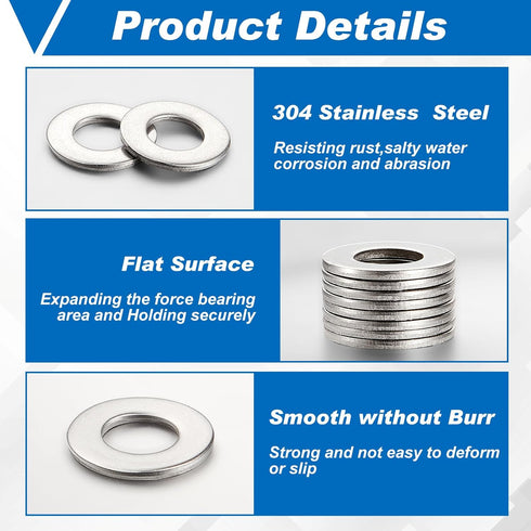 500 Pcs 304 Stainless Flat Washer Assortment for Factories, Kitchens, and Outdoor Construction