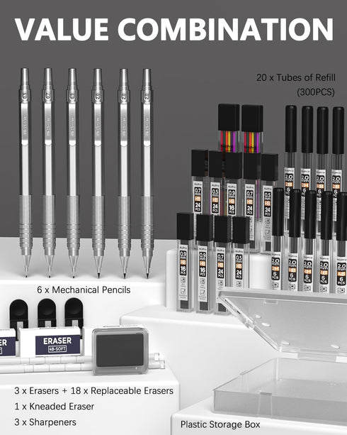 Nicpro 35PCS Metal Mechanical Pencils Set, Art Drafting Pencil 0.5, 0.7, 0.9 mm & 3PCS 2mm Graphite Lead Refills, Eraser, Sharpener, Case by Nicpro