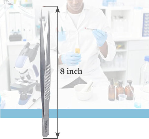 Stainless Steel High Precision Forceps with Fine Strong Straight Serrated Point to use Engineer Labware for Scientific Use, (8 Inch)