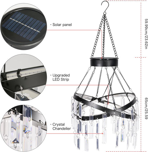 5ft 1 Solar Hanging Crystal Chandelier Outdoor Garden Decorative Lights Bright White LED Strip Waterproof Hanging