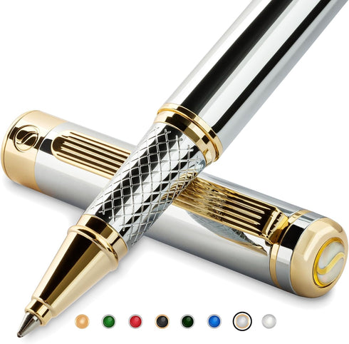 Scriveiner Silver Chrome Rollerball Pen - Luxury Pen with Real Gold Plating, Best Gift Set