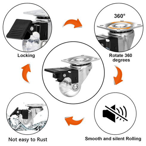 1.5 inch Clear Swivel Caster Wheels, Transparent Polyurethane Rolling Castors for Furniture Cabinet, Ottoman