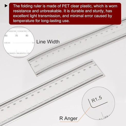Film Flexible Ruler 100cm 0.1mm Scale with R Angle & Width Lines Transparent PET Plastic Folding Straight Ruler
