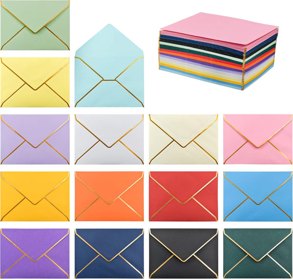 VANRA 150 Pack Colorful Self Seal A7 Invitation Envelopes V Flap with Gold Border for Greeting Cards, Weddings