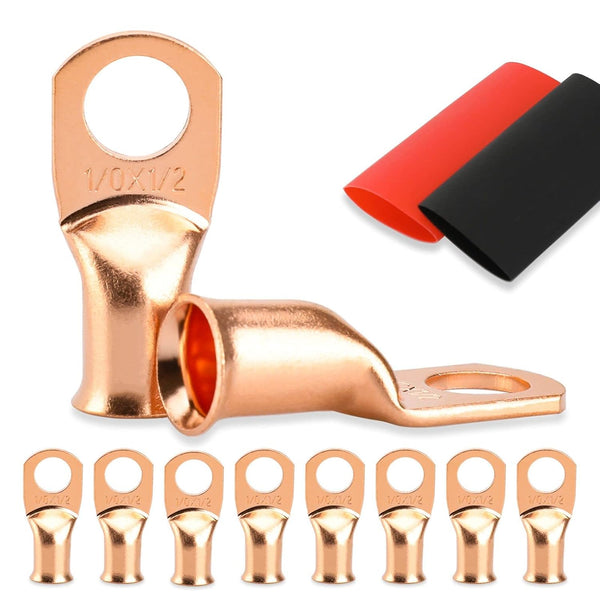 HOUSUN 8PCS Battery Cable Ends, 1/0 Gauge Wire Connectors, Bare Copper Eyelets with Heat Shrink Tubing