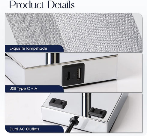 3 Dimmable Bulb Soilsiu Bedside Lamp with USB Ports - Touch Control Table Lamp for Bedroom with USB C+A Charging Ports