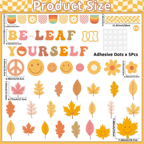 Fall Bulletin Board Decorations Set, Groovy Autumn Classroom Decor with Motivational Leaves Cutouts