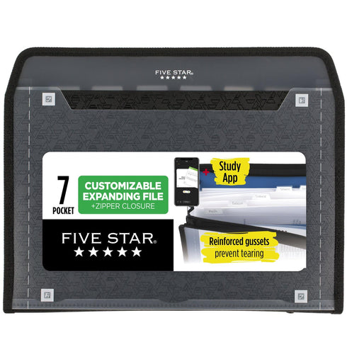 Five Star Expanding File Organizer + Study App, 7-Pocket Accordion, Zipper Closure, Black