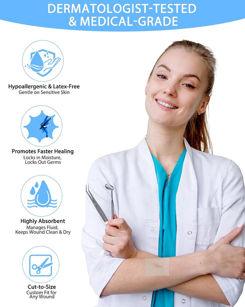 KOCCQUE Face(2in 16ft) Hydrocolloid Bandages Roll for Wound Care: Medical Grade Tape Patch with Self-Adhesive