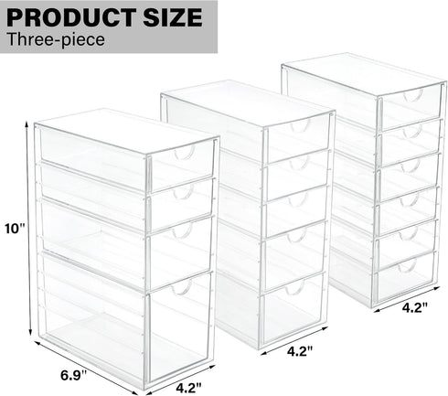 Prsildan Acrylic Drawer Organizer Set of 3 with 15 Drawers, Clear Stackable Storage for Makeup, Jewelry, Office