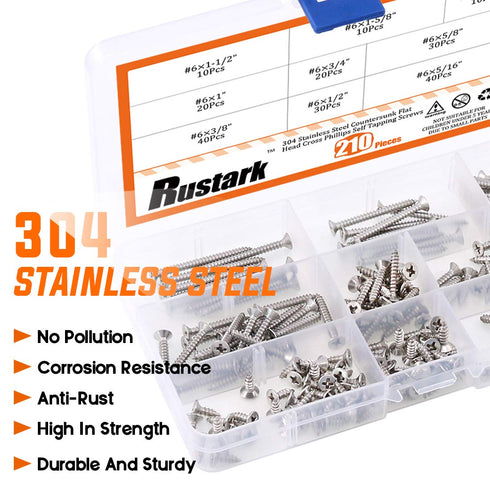 210Pcs 304 Stainless Steel Flat Head Phillips Cross Wood Screw Drive Self-Drilling Screws Assortment Kit [#6 5/16'' to
