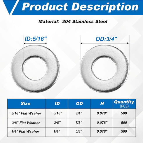 500 Pcs 304 Stainless Flat Washer Assortment for Factories, Kitchens, and Outdoor Construction