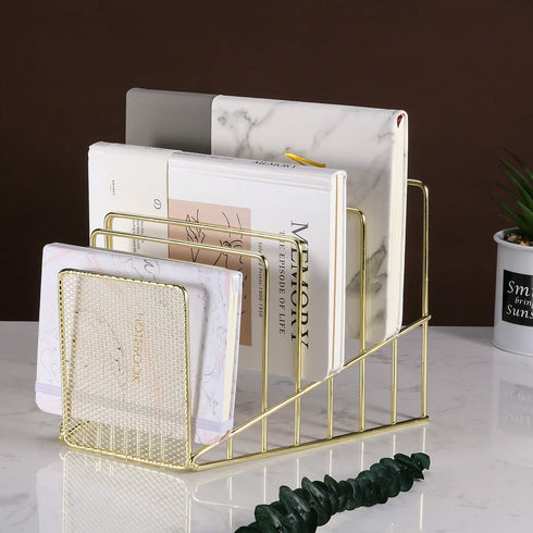 Simmer Stone Incline File Sorter, 7 Slot Magazine Holder for Letter, Document, Folder, Metal Desktop Organizer, Gold
