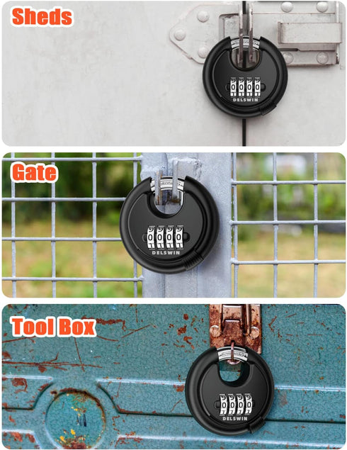 DELSWIN 4 Digit Combination Disc Padlock with Hardened Steel Shackle for Sheds, Storage Units, School Gym Lockers