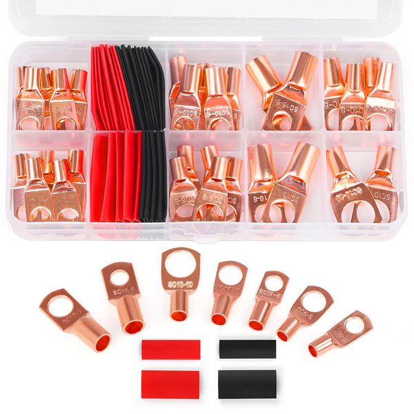 Copper Wire Lugs Terminal Connectors, Used on AWG12 10 8 6 4 2 Cable, 30Pcs Battery Cable Lugs Ends and Heat Shrink