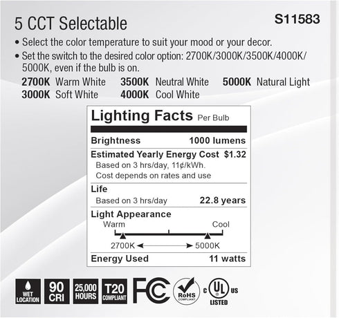 Satco S11583; 11 PAR30SN 120 40 11PAR30SN/LED/5CCT/FL/120V Commercial (2 Bulbs) Watt LED; Medium Base; Silver Finish;