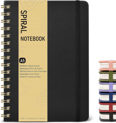 Lined Spiral Journal Notebook, A5 Hardcover, 150 Pages, 100 GSM College Ruled for Writing, 5.75" x 8.38" (Black)