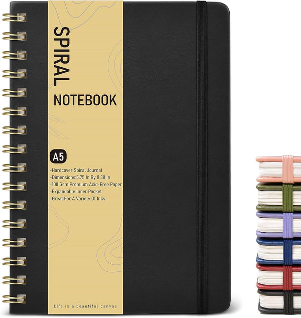 Lined Spiral Journal Notebook, A5 Hardcover, 150 Pages, 100 GSM College Ruled for Writing, 5.75" x 8.38" (Black)