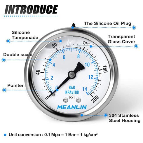 MEANLIN MEASURE 0~200Psi Stainless Steel Pressure Gauge - 1/4" NPT 2.5" FACE DIAL Liquid Filled for Water Oil Air