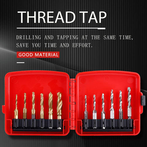 12pcs Metric & Inch Tap Drill Bits M3-M10 Hex Shank Plated HSS with Red Case for Tapping Various Threads