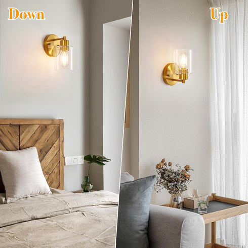 (2PACK) Brushed Gold Wall Sconce, Gold Vanity Light Modernbathroom Light fixtures with Clear Glass Shade Entrance Lamp