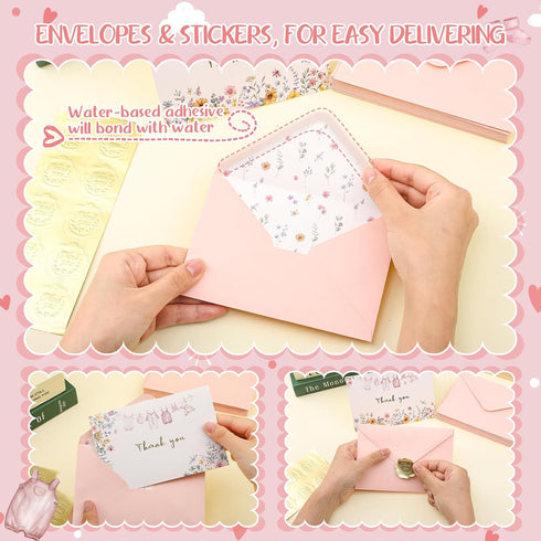 50 Pack Set Thboxes Pink Baby Shower Thank You Cards with Envelopes and Stickers for Girl, Thank You Notes