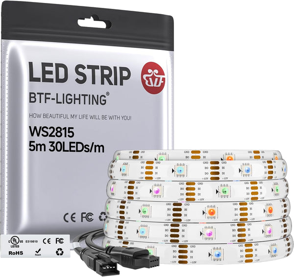 BTF-LIGHTING WS2815 (Upgraded WS2812B) LED Strip Light,UL Listed,16.4FT 150 LED/Pixels,Flexible Chasing RGB,Dual