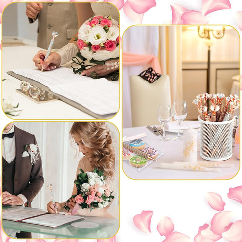 Yeaqee 91 Pcs Bridal Shower Diamond Pen Set, 31 Wedding Crystal Pens, 30 Organza Bags, 30 Cards, Rose Gold