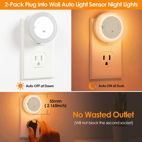 Dimmable 2-Pack FOLKSMATE LED Night Lights Plug into Wall, Plug in Nightlight with Auto Light Sensors for Adults, Kids