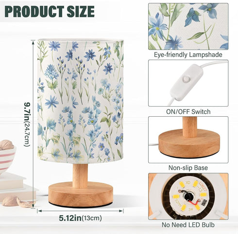 ALAZA Bedside Table Lamp for Bedroom Blue Wildflowers Floral Nightstand LED Light Lamps with USB Port Linen Fabric