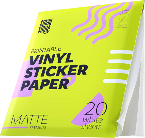 Premium Printable Vinyl Sticker Paper for Inkjet and Laser Printer - 20 White Matte Waterproof Adhesive Paper 8.5 x 11