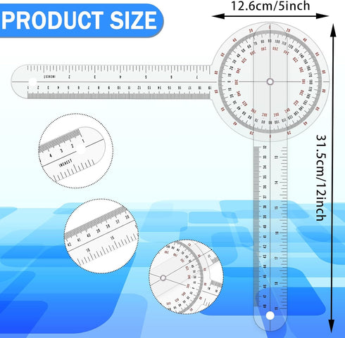 12 Inch Goniometer, 360 Clear Motion Measurement Angle Ruler, Physical Therapy Goniometer Tool for Body Measuring Tape Goniometer Ruler