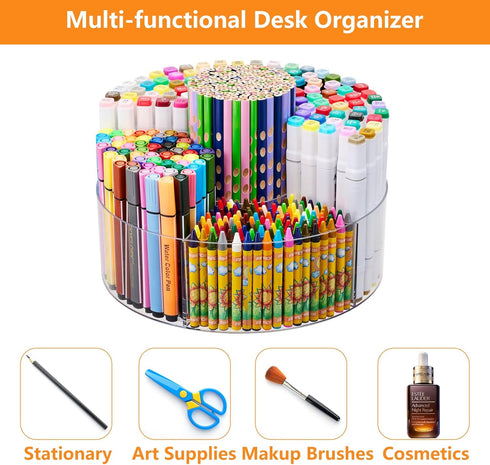 Flytreal 360-Degree 6 Acrylic Pen Marker Organizer for Desk, Rotating Pencil Holder Crayon Art Supplies Storage