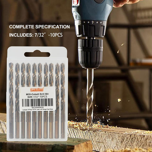 10-Piece 7/32" M35 Cobalt Drill Bits, Jobber Length Twist Drill Bit Set for Hard Metal, Stainless Steel, Wood