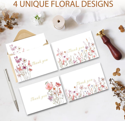 Spakyzo 20-Pack 4" 6", 300gsm Thank You Cards with Envelopes & Stickers Watercolor Floral Blank Note Cards, x Heavy
