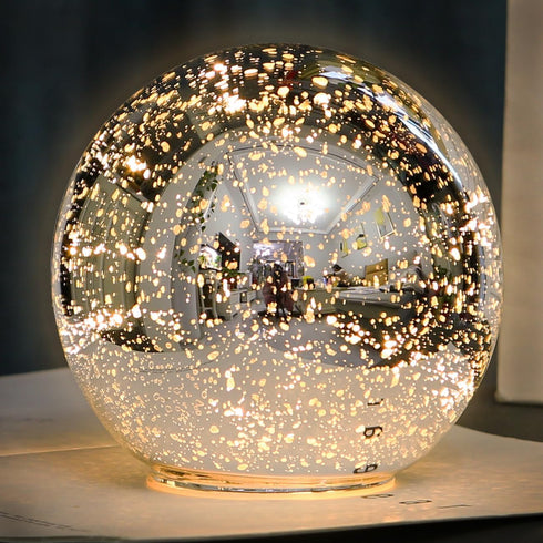Kaowod Lighted Mercury Glass Ball Table Lamp with Timer, Silver Cordless Orb Christmas