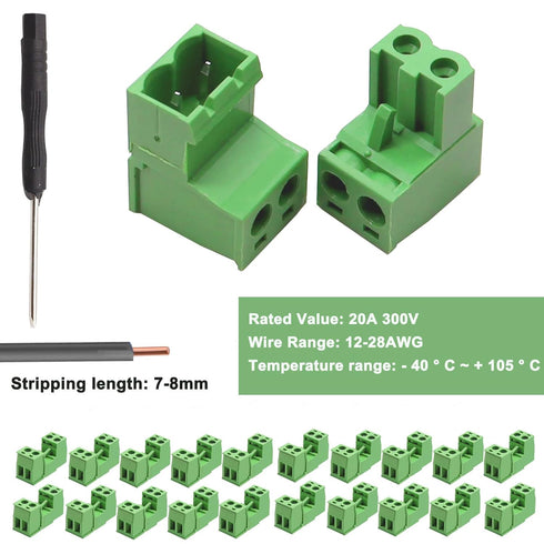 Tnisesm 16Pcs 2 Pin Screw Terminal Block Connector, 5.08mm Pitch Pluggable for 28-12AWG Cable, 300V 15A