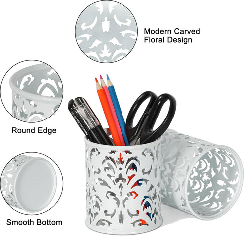 EasyPAG Metal Round Pencil Holder 2 Pack - White Pen Cup Organizers for Desk