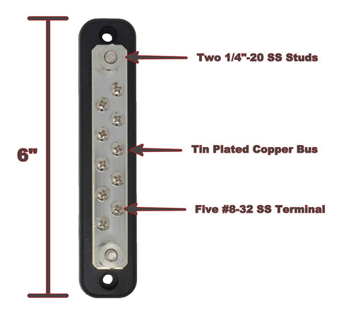 10 Terminal Bus Bar Kit for Power and Ground Distribution, Heat Shrink Ring Terminals and Cover Included